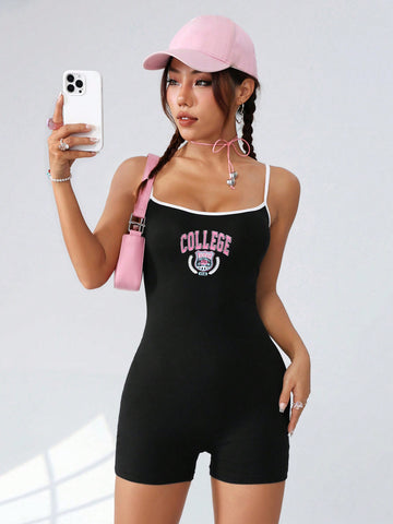 Women'S Color Block Letter Printed Cami Jumpsuit With Contrast Trim