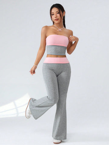 Women'S Colorblock Cropped Bandeau Top And Long Pants Set