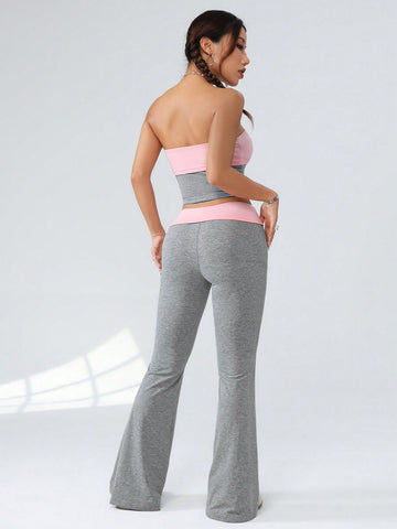 Women'S Colorblock Cropped Bandeau Top And Long Pants Set