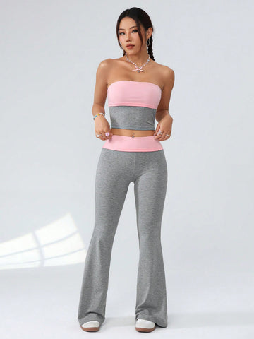Women'S Colorblock Cropped Bandeau Top And Long Pants Set