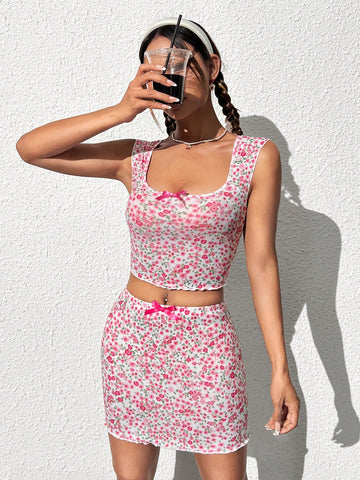 Women'S Floral Printed Slim Fit Square Collar Top And Skirt Set