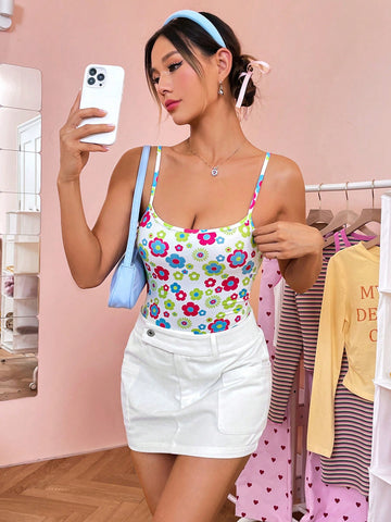 Women'S Floral Printed Spaghetti Strap Bodysuit