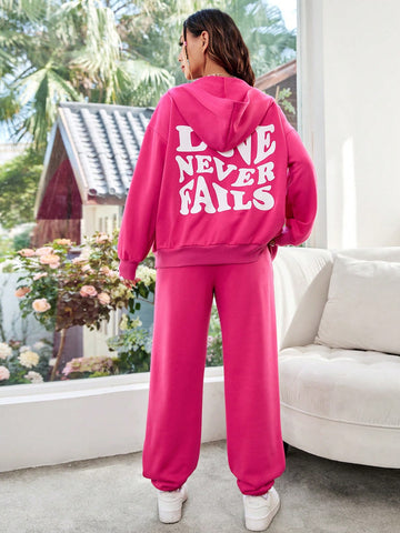 Women'S Hooded Sweatshirt Set With Back Slogan Printed, Casual