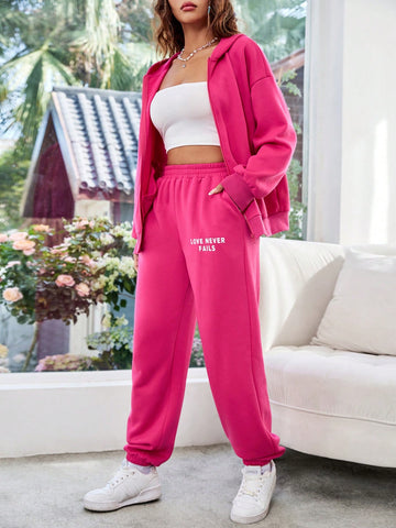 Women'S Hooded Sweatshirt Set With Back Slogan Printed, Casual