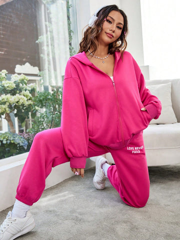 Women'S Hooded Sweatshirt Set With Back Slogan Printed, Casual