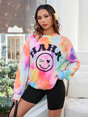 Women'S Letter Print Smile Face Sweatshirt And Shorts Set For Casual Wear