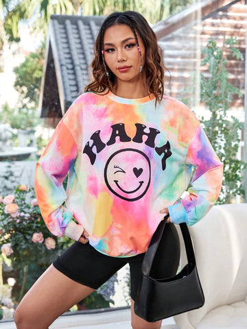 Women'S Letter Print Smile Face Sweatshirt And Shorts Set For Casual Wear