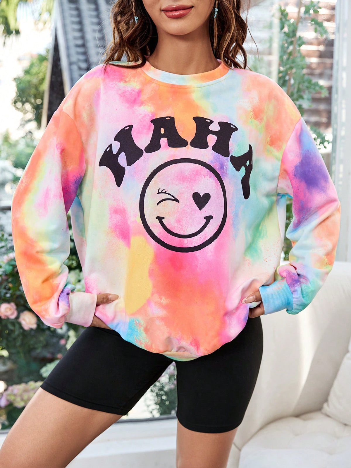 Women'S Letter Print Smile Face Sweatshirt And Shorts Set For Casual Wear
