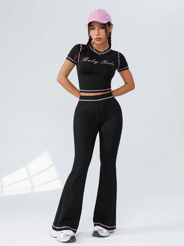 Women'S Letter Printed Short Sleeve T-Shirt And Flared Pants Set