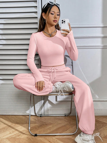 Women'S Round Neck Long Sleeve T-Shirt And Drawstring Waist Jogger Pants Two Piece Set