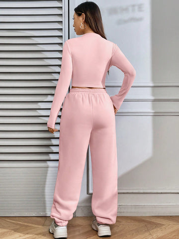 Women'S Round Neck Long Sleeve T-Shirt And Drawstring Waist Jogger Pants Two Piece Set