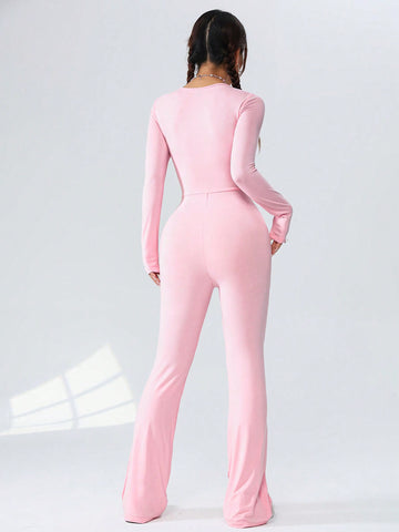 Women'S Solid Color Casual Long Sleeve Square Neck Flare Leg Jumpsuit