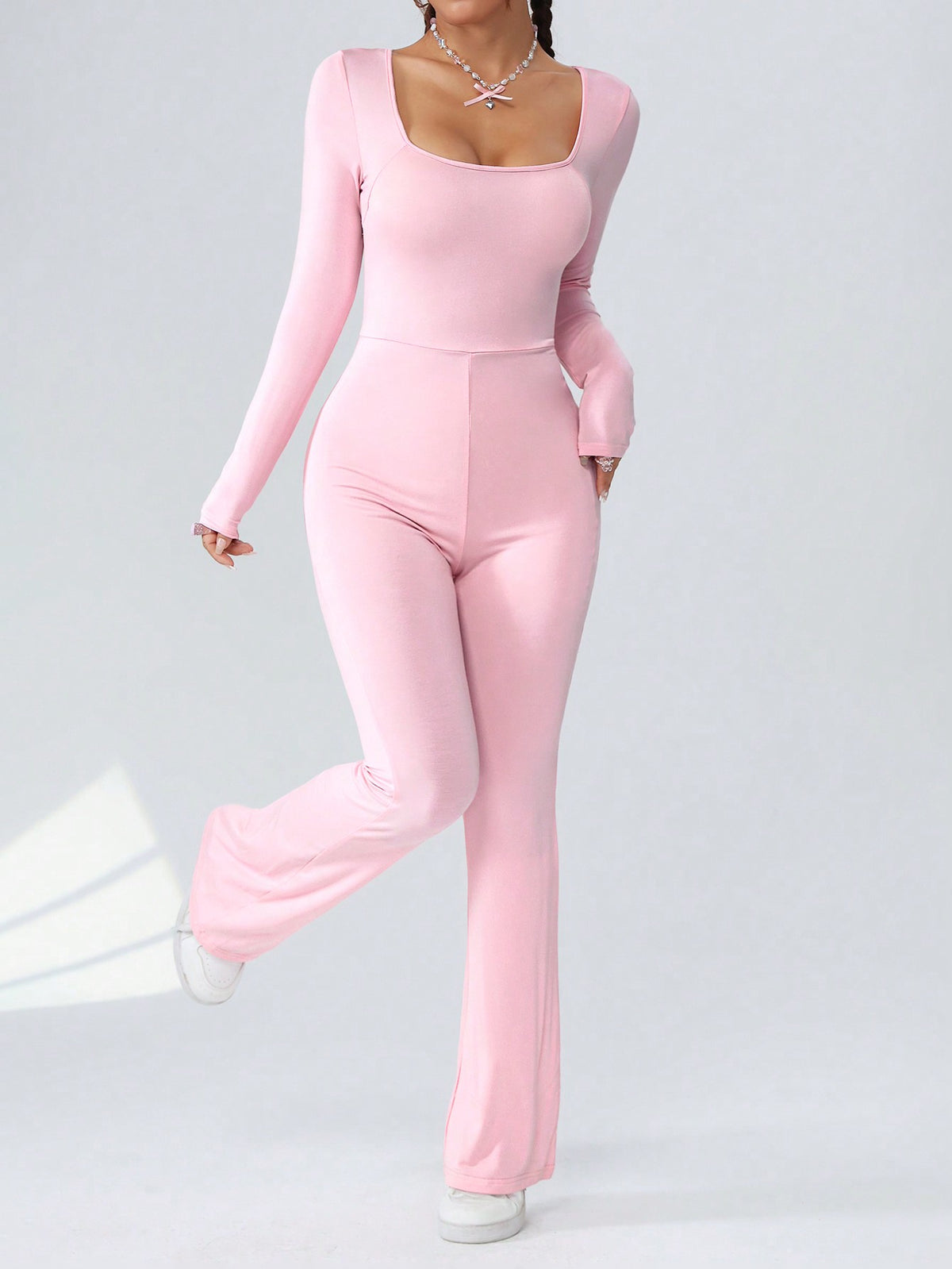 Women'S Solid Color Casual Long Sleeve Square Neck Flare Leg Jumpsuit