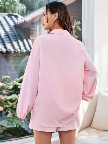 Women'S Solid Color Drop Shoulder Long Sleeve Shirt And Shorts 2pcs/Set