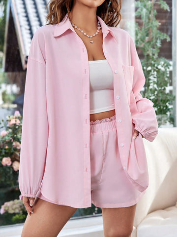 Women'S Solid Color Drop Shoulder Long Sleeve Shirt And Shorts 2pcs/Set