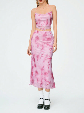 Women'S Tie-Dye Asymmetrical Mesh Hem Camisole Tank Top And Mermaid Hem Skirt Set