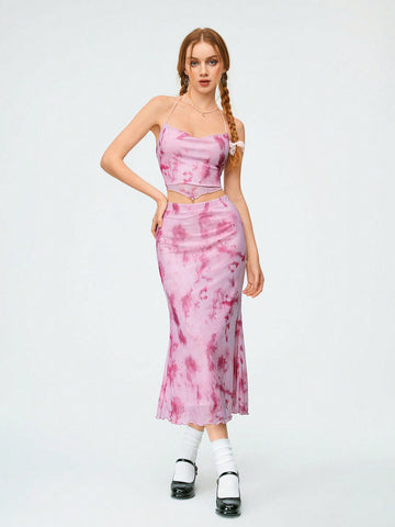 Women'S Tie-Dye Asymmetrical Mesh Hem Camisole Tank Top And Mermaid Hem Skirt Set