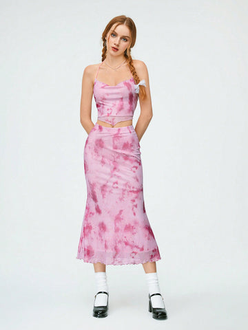 Women'S Tie-Dye Asymmetrical Mesh Hem Camisole Tank Top And Mermaid Hem Skirt Set