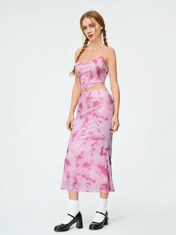 Women'S Tie-Dye Asymmetrical Mesh Hem Camisole Tank Top And Mermaid Hem Skirt Set