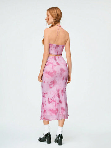 Women'S Tie-Dye Asymmetrical Mesh Hem Camisole Tank Top And Mermaid Hem Skirt Set
