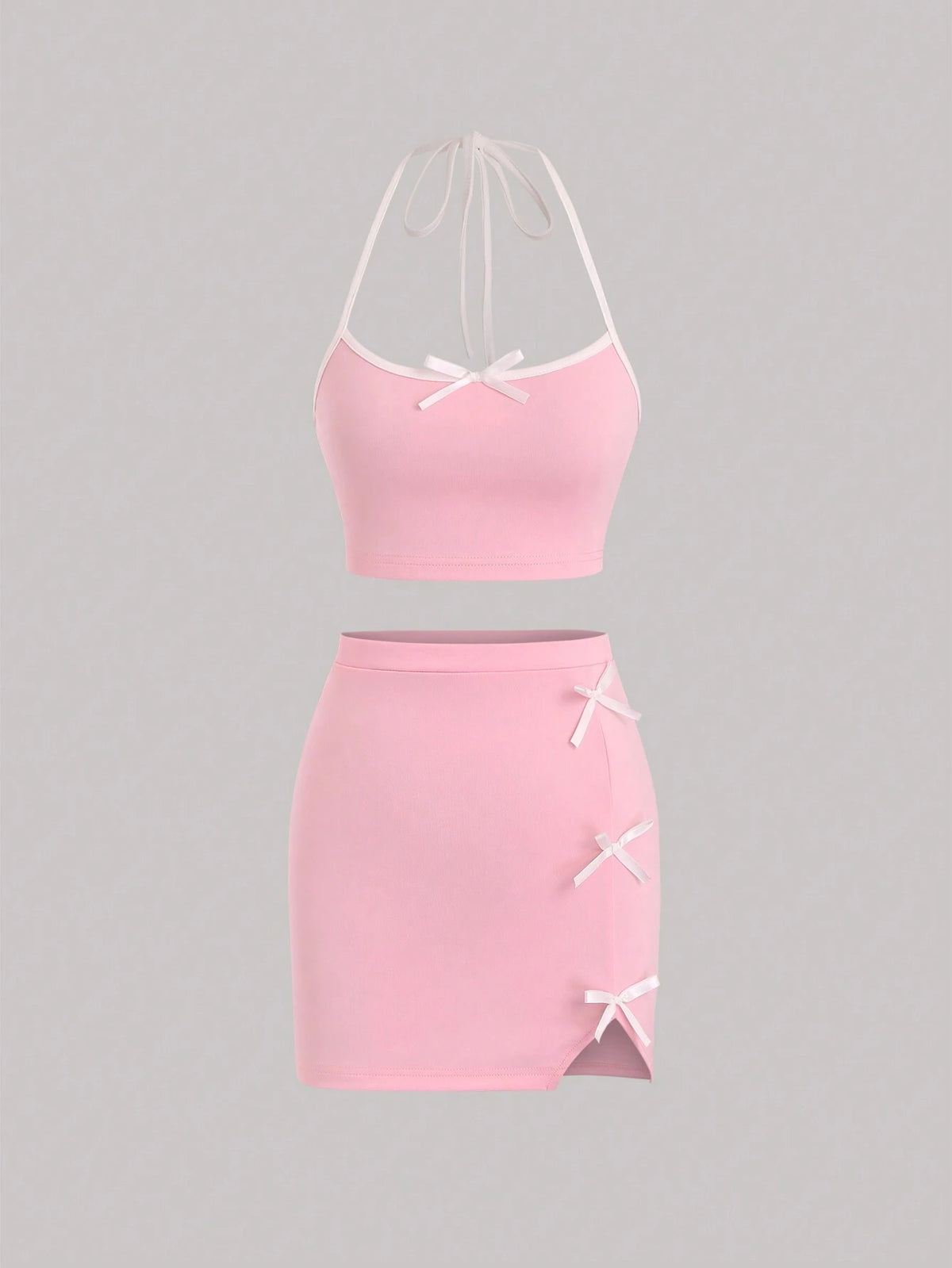 Women Butterfly Bow Decoration Halter Neck Tie Crop Top And Skirt Set