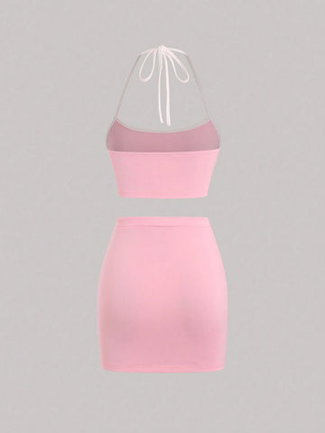 Women Butterfly Bow Decoration Halter Neck Tie Crop Top And Skirt Set