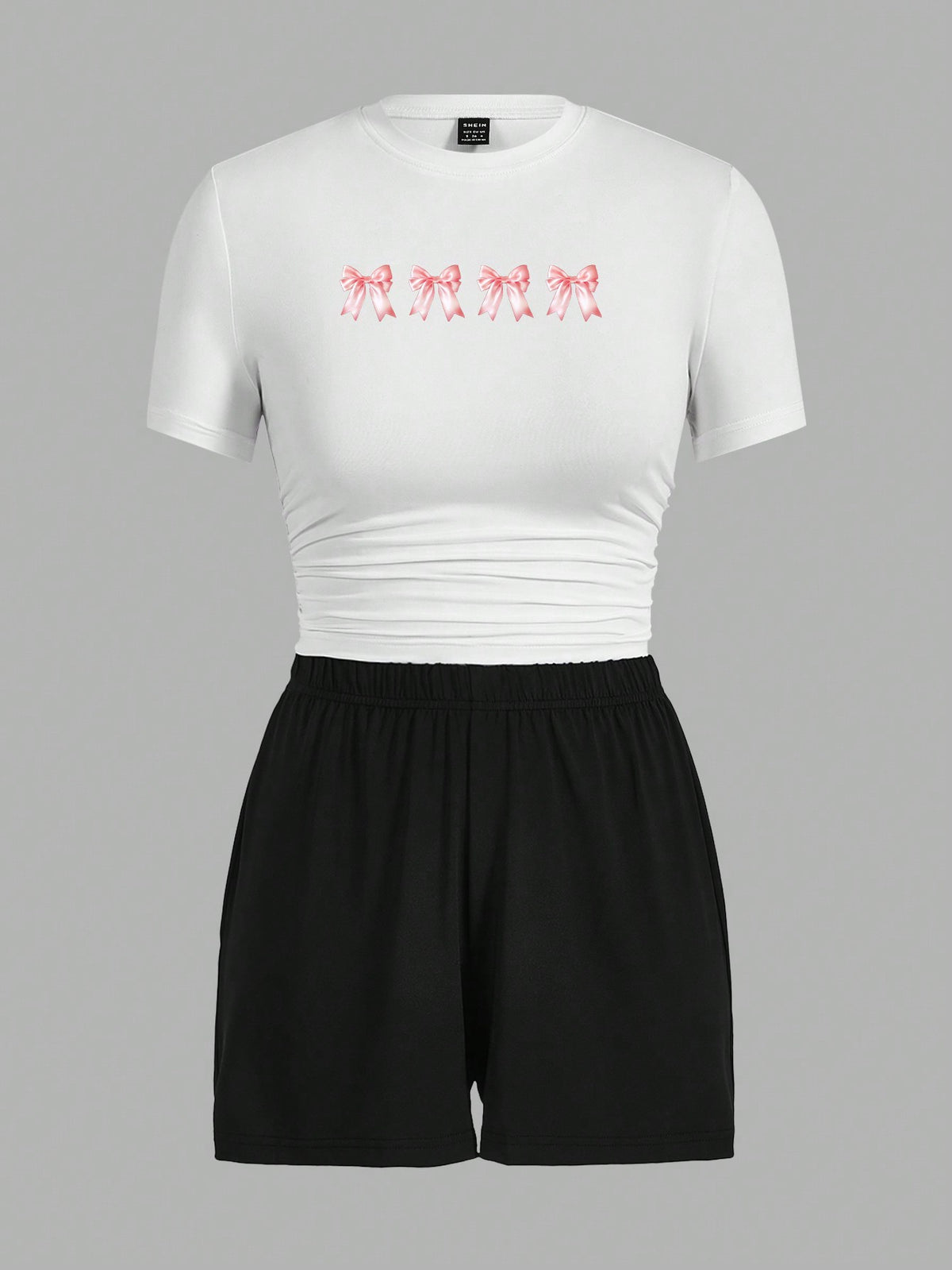 Women's 2pcs/Set Casual Simple Bow Knot Pattern Round Neck Short Sleeve T-Shirt And Shorts