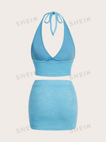 Women's Blue Halter Top & Skirt Set