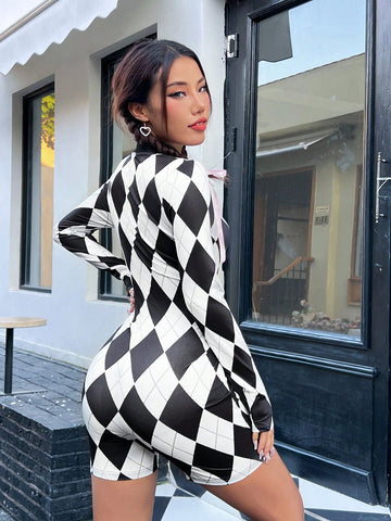 Women's Bodycon Jumpsuit With Diamond Grid Print, Long Sleeve