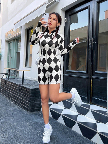 Women's Bodycon Jumpsuit With Diamond Grid Print, Long Sleeve