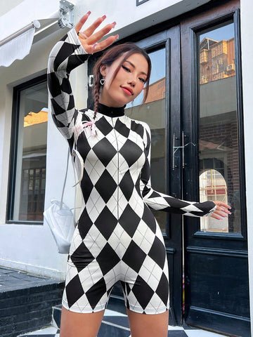 Women's Bodycon Jumpsuit With Diamond Grid Print, Long Sleeve