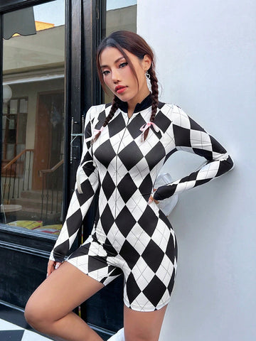 Women's Bodycon Jumpsuit With Diamond Grid Print, Long Sleeve