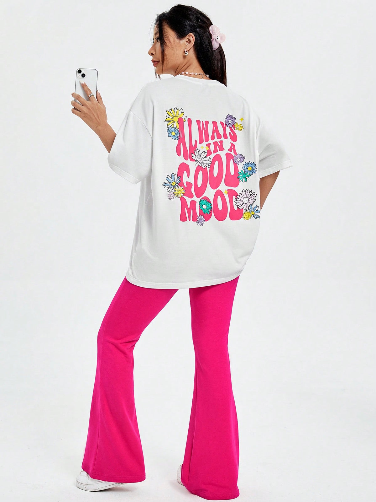 Women's Cartoon Letter & Floral Printed T-Shirt And Flared Pants Set