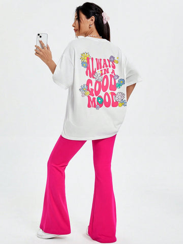 Women's Cartoon Letter & Floral Printed T-Shirt And Flared Pants Set