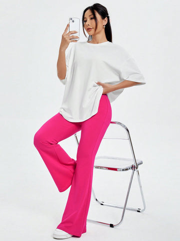 Women's Cartoon Letter & Floral Printed T-Shirt And Flared Pants Set