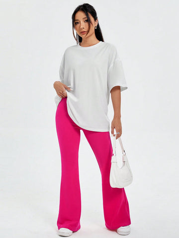 Women's Cartoon Letter & Floral Printed T-Shirt And Flared Pants Set