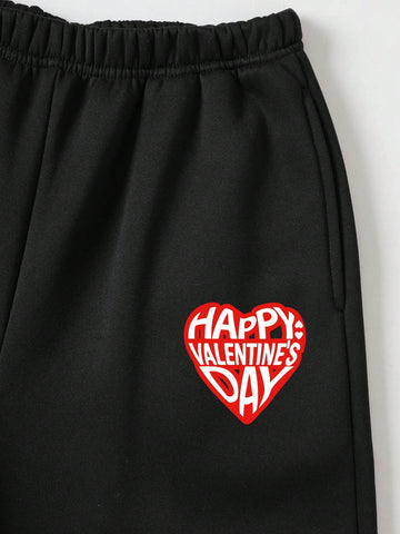 Women's Casual Simple Heart & Letter Print Hoodie And Loose Jogger Pants Two Piece Set For Spring And Autumn