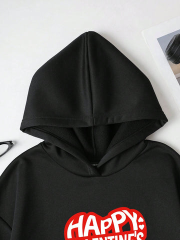 Women's Casual Simple Heart & Letter Print Hoodie And Loose Jogger Pants Two Piece Set For Spring And Autumn