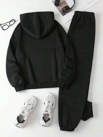 Women's Casual Simple Heart & Letter Print Hoodie And Loose Jogger Pants Two Piece Set For Spring And Autumn