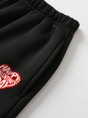 Women's Casual Simple Heart & Letter Print Hoodie And Loose Jogger Pants Two Piece Set For Spring And Autumn