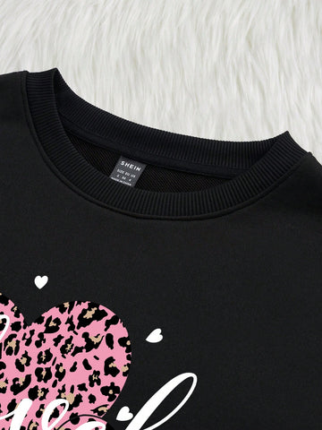 Women's Casual Simple Love Heart & Letter Print Round Neck Long Sleeve Top With Shorts Set, Spring/Autumn