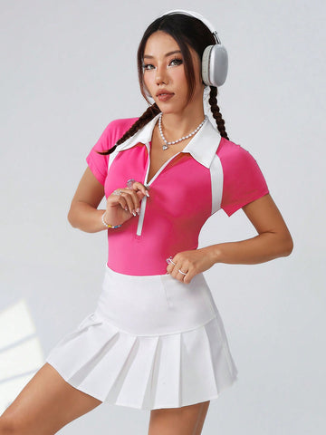 Women's Color-Blocking Half Zipper Bodysuit