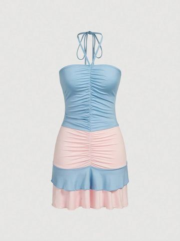 Women's Color Block Ruffle Hem Dress