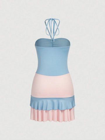 Women's Color Block Ruffle Hem Dress