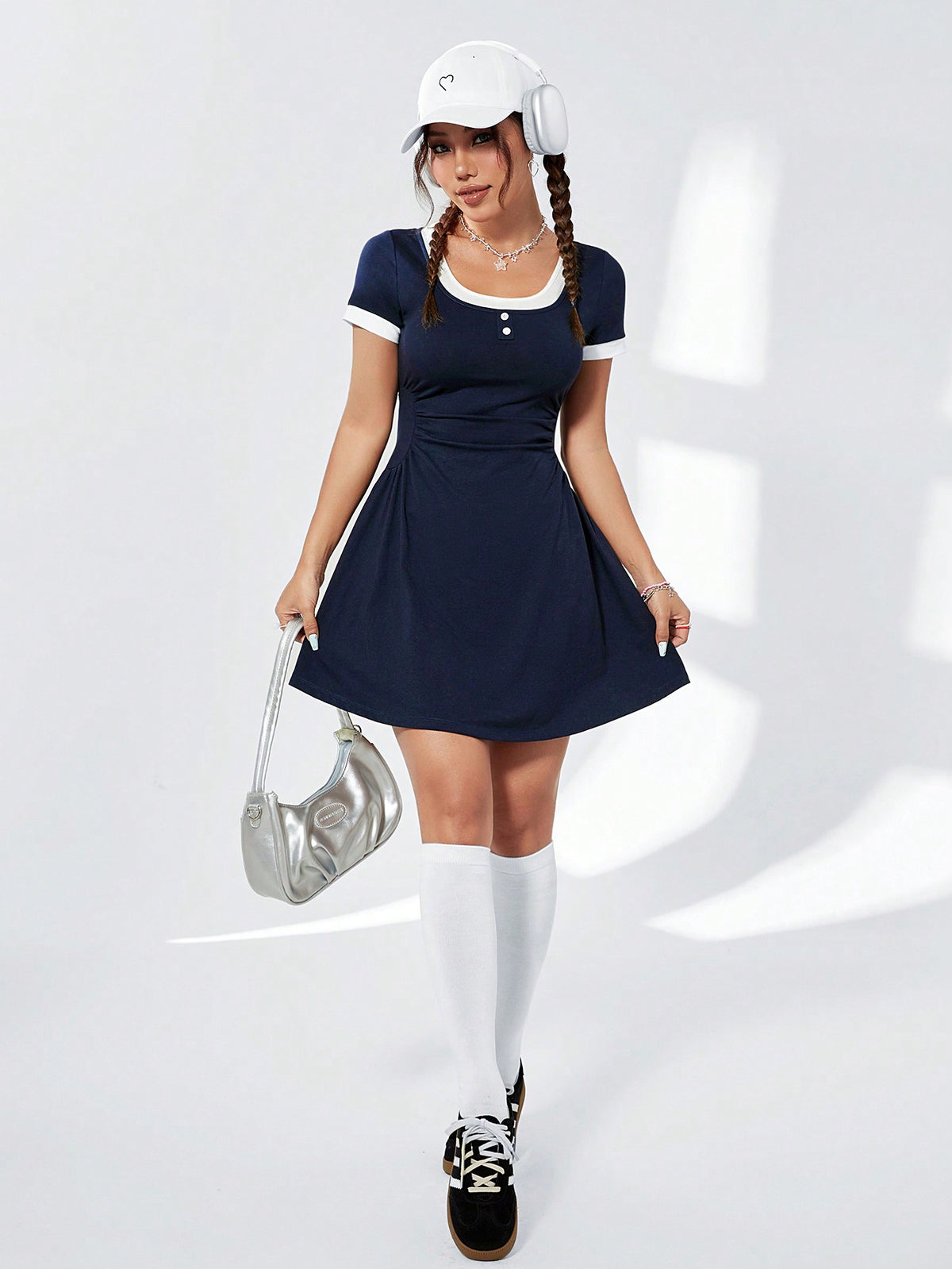 Women's Colorblock Short Sleeve Square Collar Pleated A-Line Flare Dress