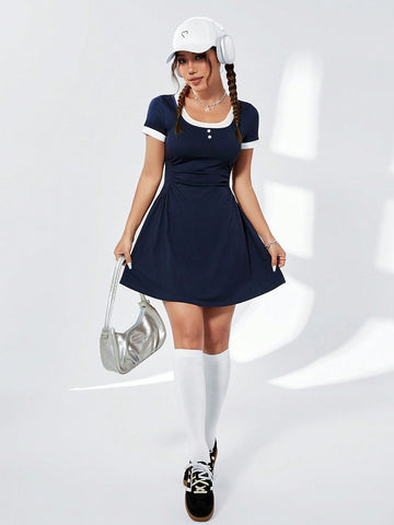 Women's Colorblock Short Sleeve Square Collar Pleated A-Line Flare Dress