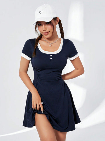 Women's Colorblock Short Sleeve Square Collar Pleated A-Line Flare Dress