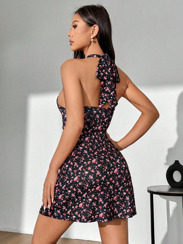 Women's Elegant & Sexy Floral Print Halterneck Maxi Dress