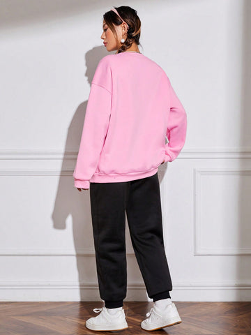 Women's Heart Printed Drop Shoulder Sweatshirt And Sweatpants Set