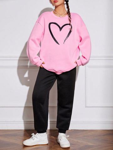 Women's Heart Printed Drop Shoulder Sweatshirt And Sweatpants Set
